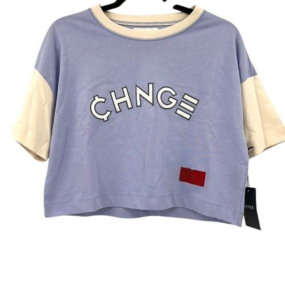 NWT CHNGE Blue Cream 100% Organic Cotton Short Sleeve Crop T-Shirt Small